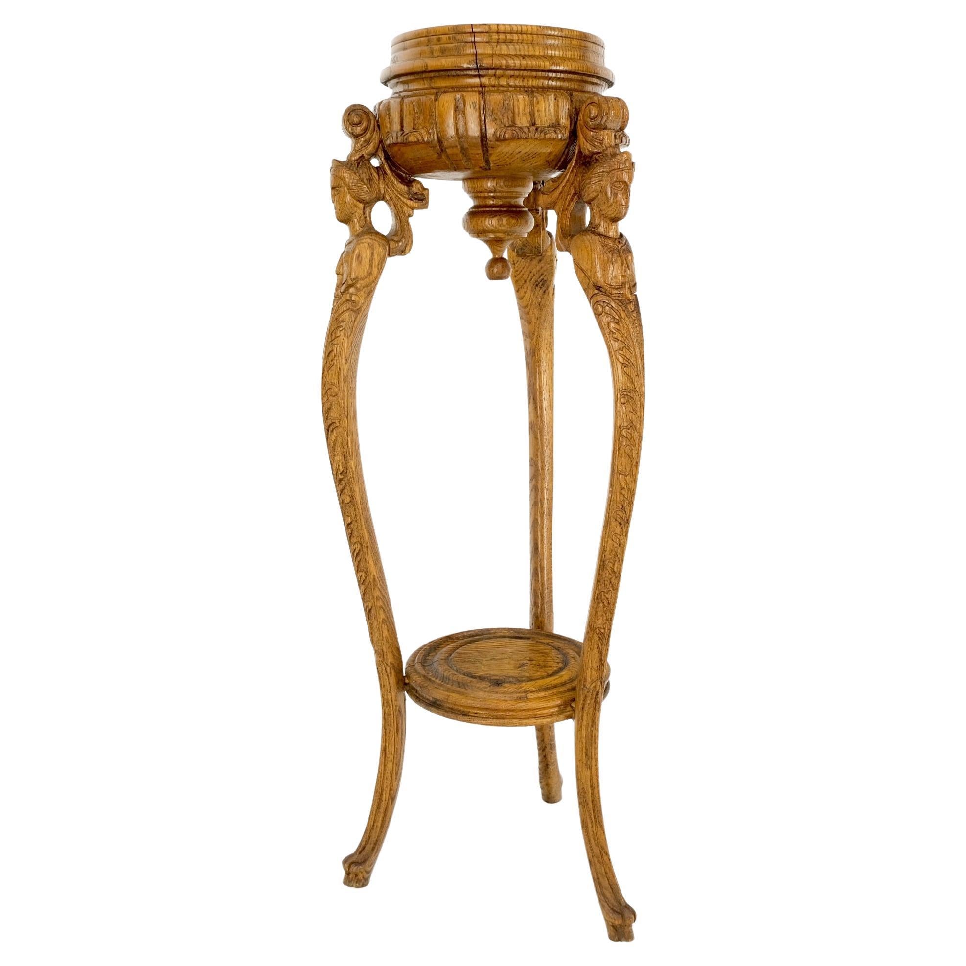 Antique Carved Oak Tripod Tri legged Plant Stand  For Sale