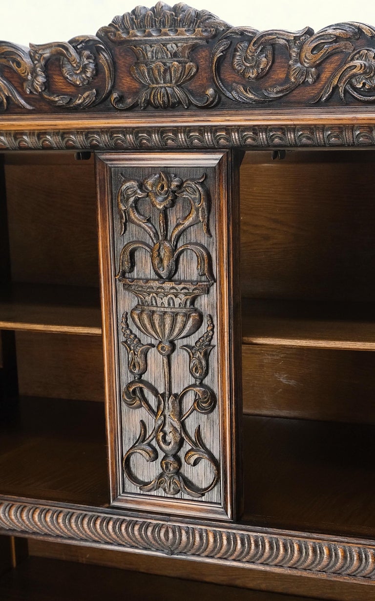 Antique Carved Oak Two Doors Jacobean Style China Cupboard