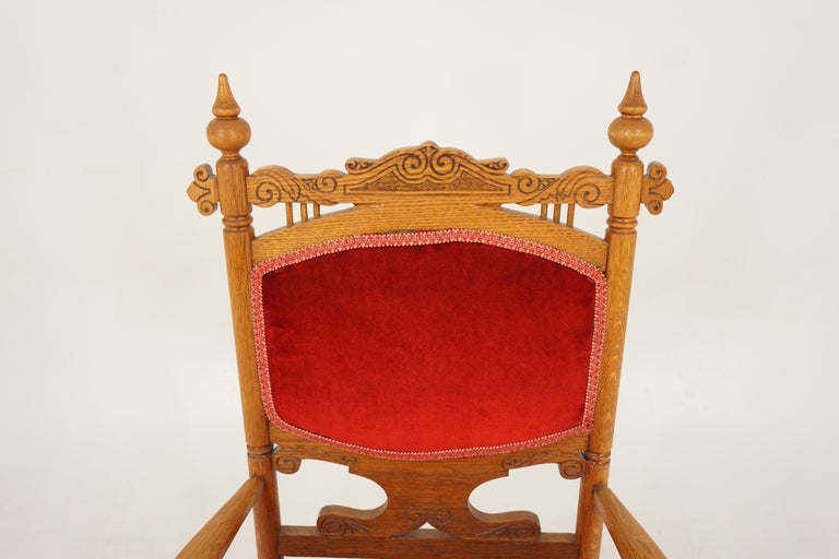 Antique Carved Oak, Upholstered, Rocking Chair, American 1900 For Sale