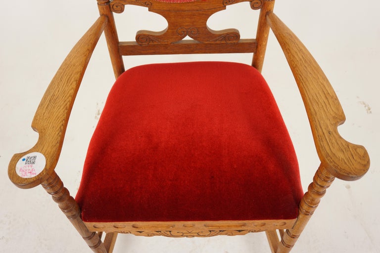 Antique Carved Oak, Upholstered, Rocking Chair, American 1900 For Sale