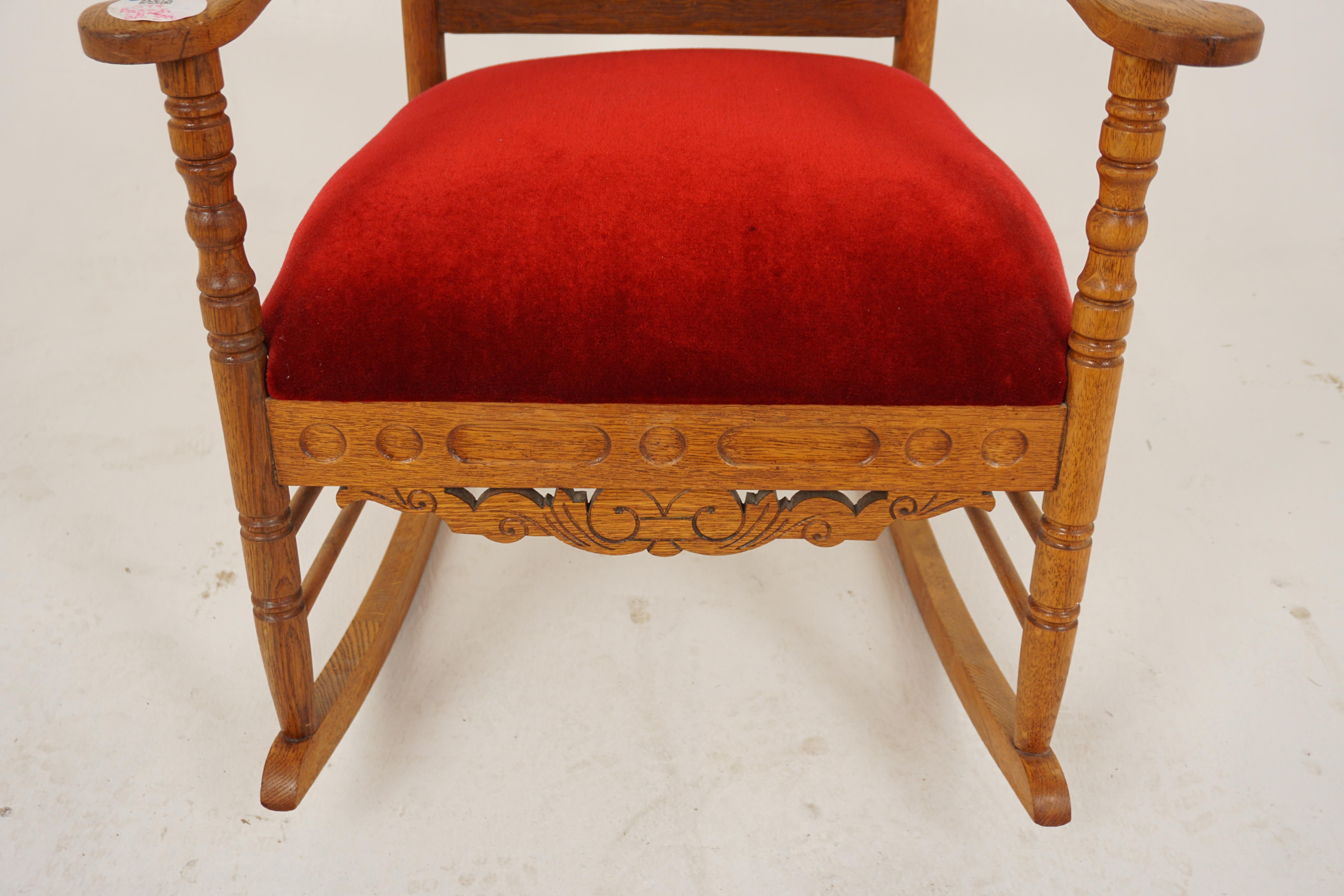 Early 20th Century Antique Carved Oak, Upholstered, Rocking Chair, American 1900 For Sale