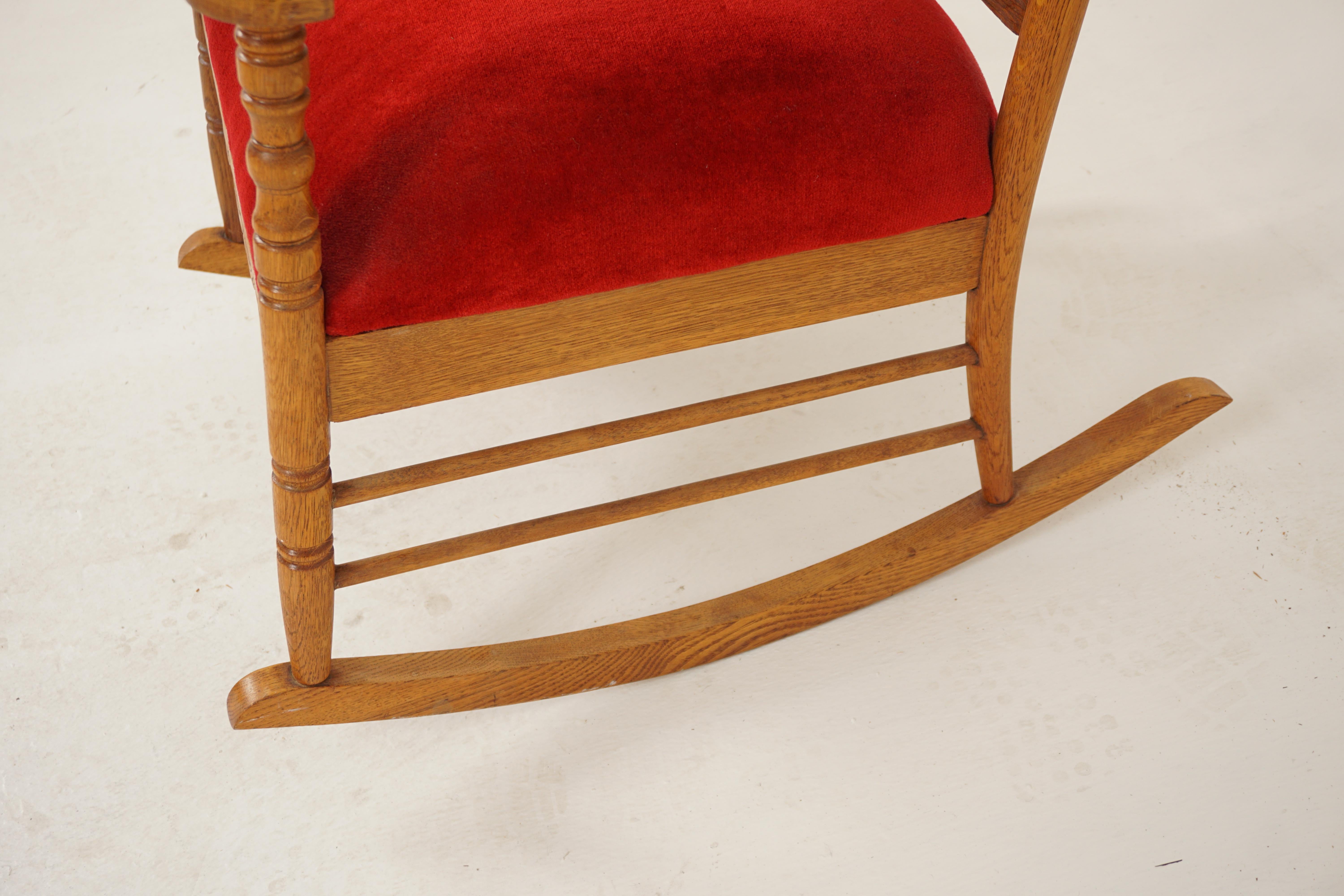 Antique Carved Oak, Upholstered, Rocking Chair, American 1900 For Sale 1