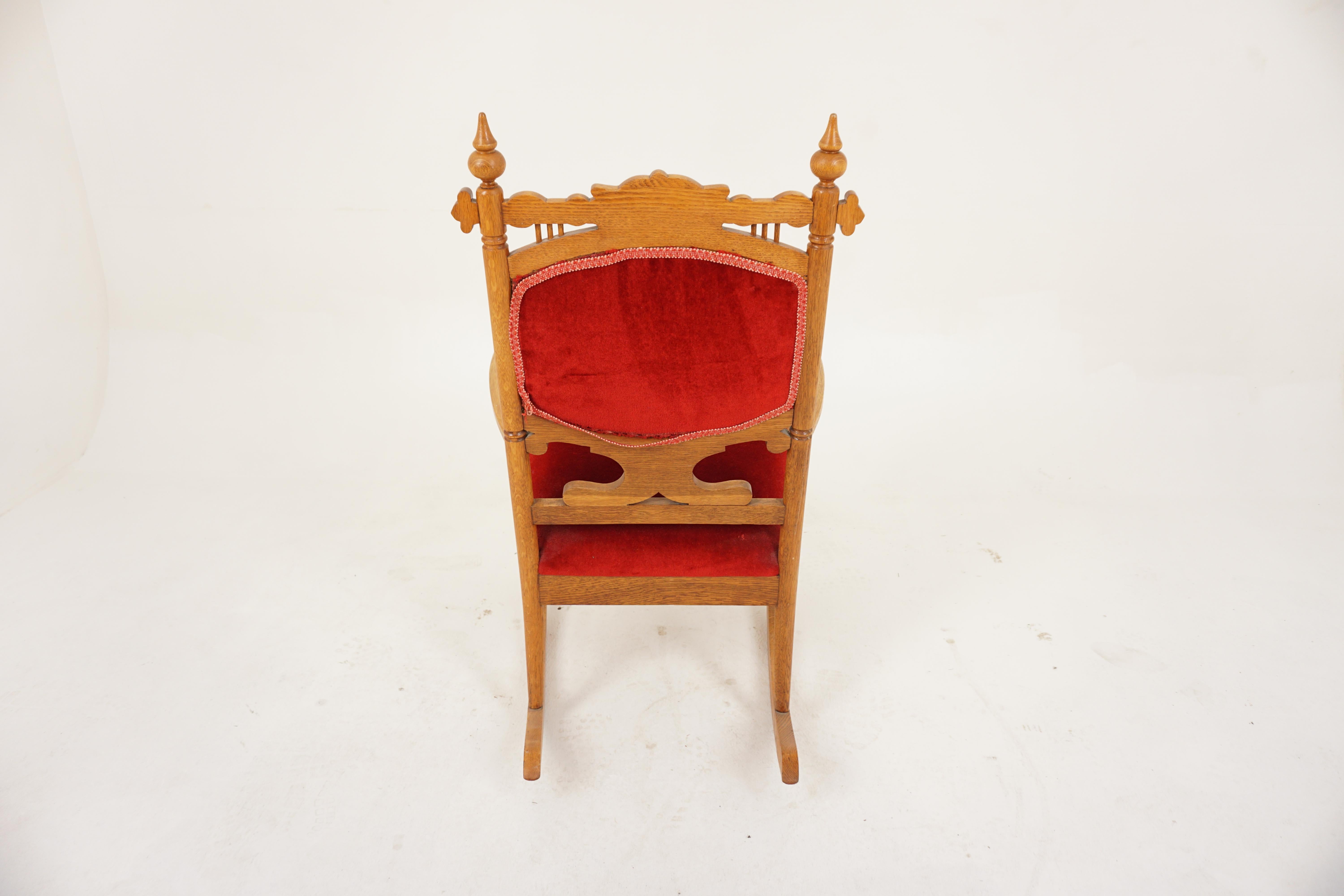 Antique Carved Oak, Upholstered, Rocking Chair, American 1900 For Sale 2
