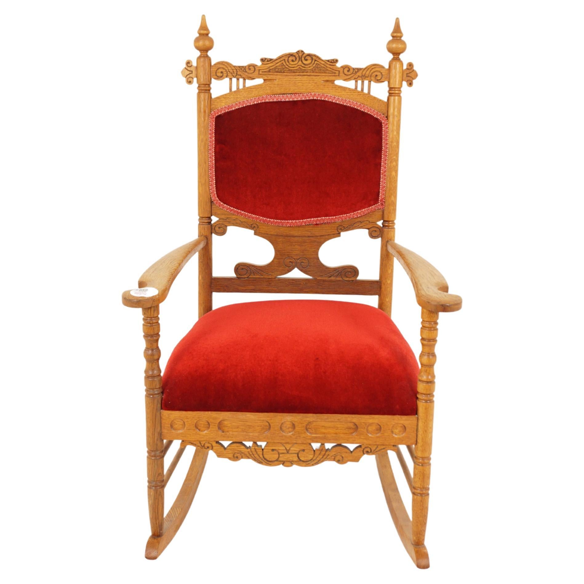 Antique Carved Oak, Upholstered, Rocking Chair, American 1900 For Sale