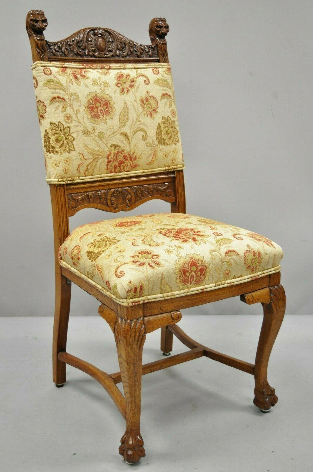Antique Carved Oak Victorian Lion Head Renaissance Revival Dining Side Chair 4