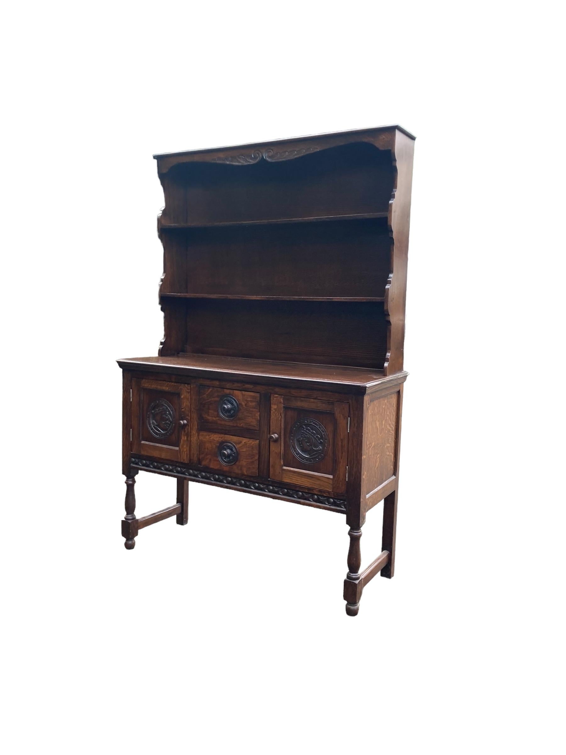 Early 20th Century Antique Carved Oak Welsh Dresser For Sale