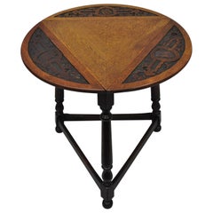 Antique Carved Oak Wood Renaissance Revival Triangle Drop-Leaf Side Table