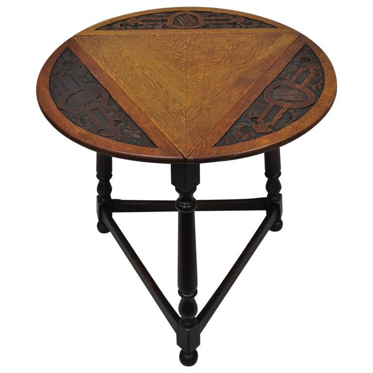 Antique Carved Oak Wood Renaissance Revival Triangle DropLeaf Side