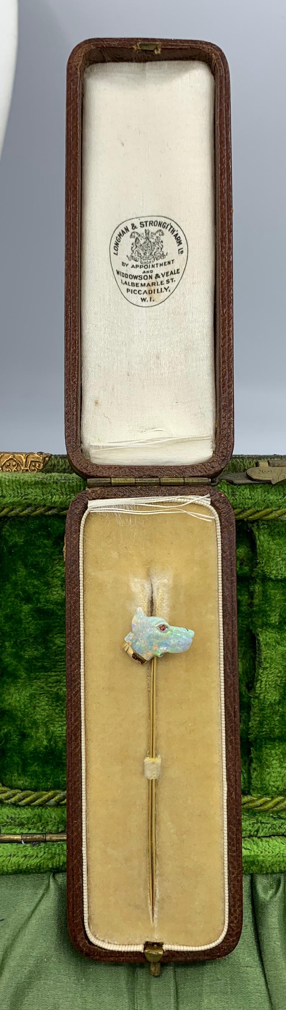 Antique Carved Opal Ruby Dog Stickpin Art Deco Doberman German Shepherd 5
