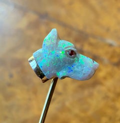 Antique Carved Opal Ruby Dog Stickpin Art Deco Doberman German Shepherd