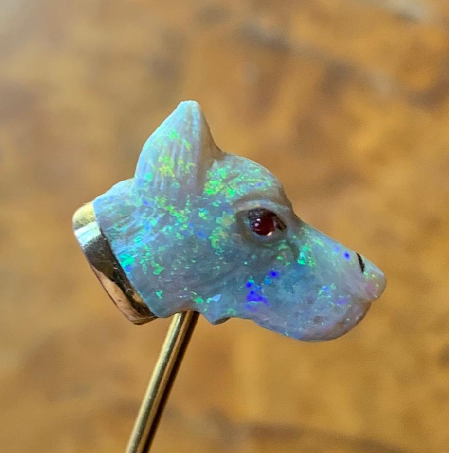 Portrait Cut Antique Carved Opal Ruby Dog Stickpin Art Deco Doberman German Shepherd