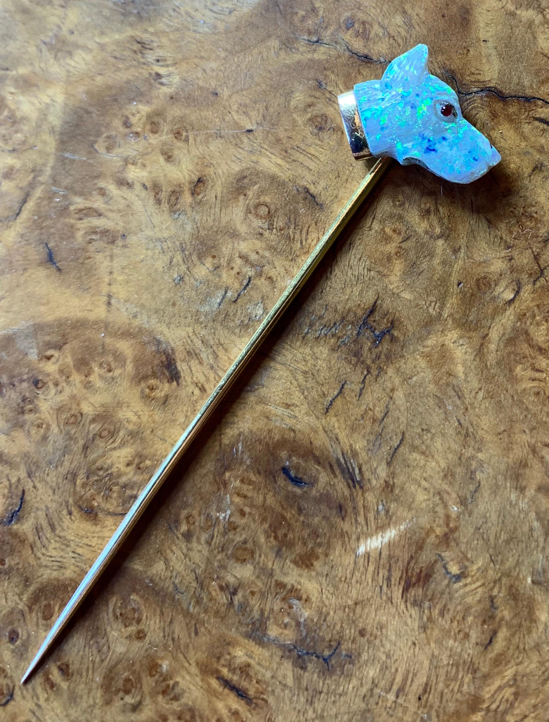 Antique Carved Opal Ruby Dog Stickpin Art Deco Doberman German Shepherd In Good Condition In New York, NY