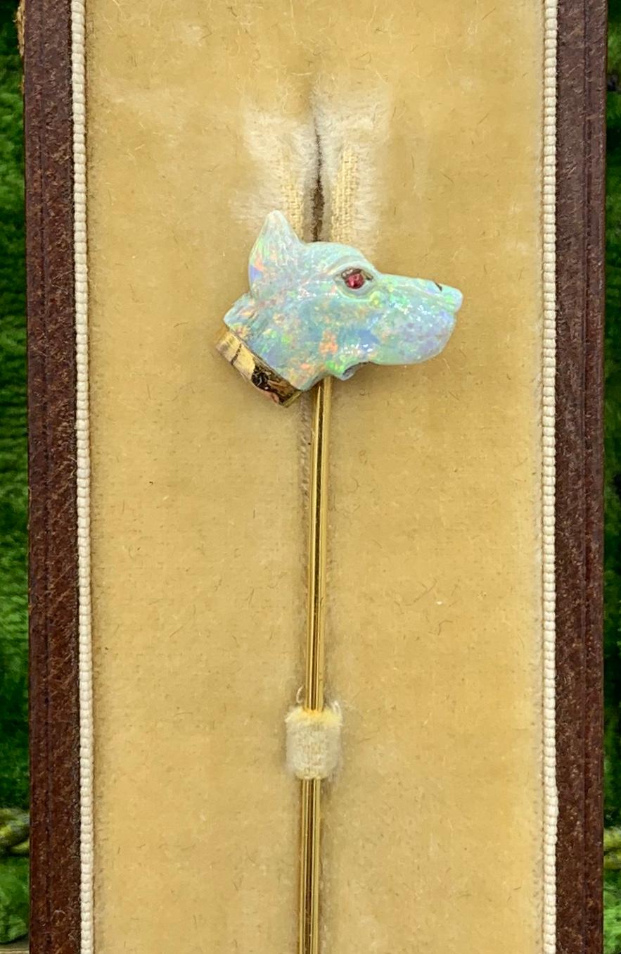 Women's or Men's Antique Carved Opal Ruby Dog Stickpin Art Deco Doberman German Shepherd