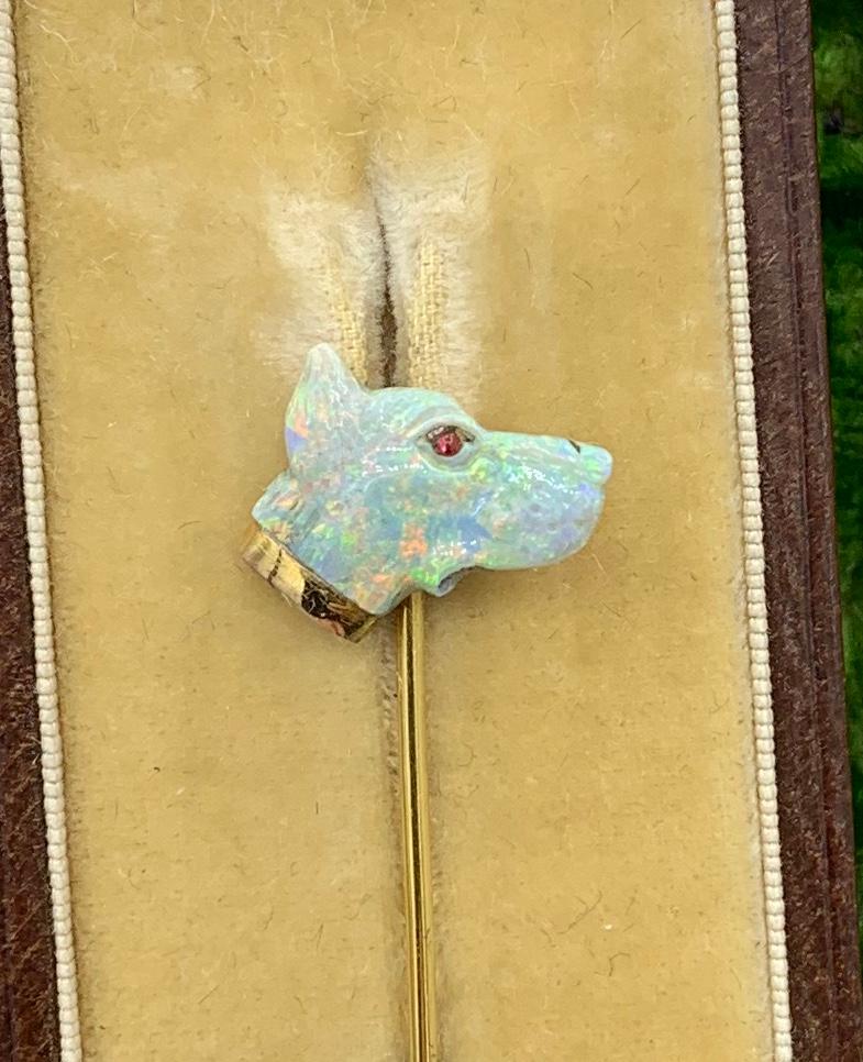 Antique Carved Opal Ruby Dog Stickpin Art Deco Doberman German Shepherd 1
