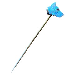 Antique Carved Opal Ruby Dog Stickpin Art Deco Doberman German Shepherd
