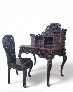 Antique Carved Ornate Japanese Export Hard Rosewood Writing Desk and Chair Set