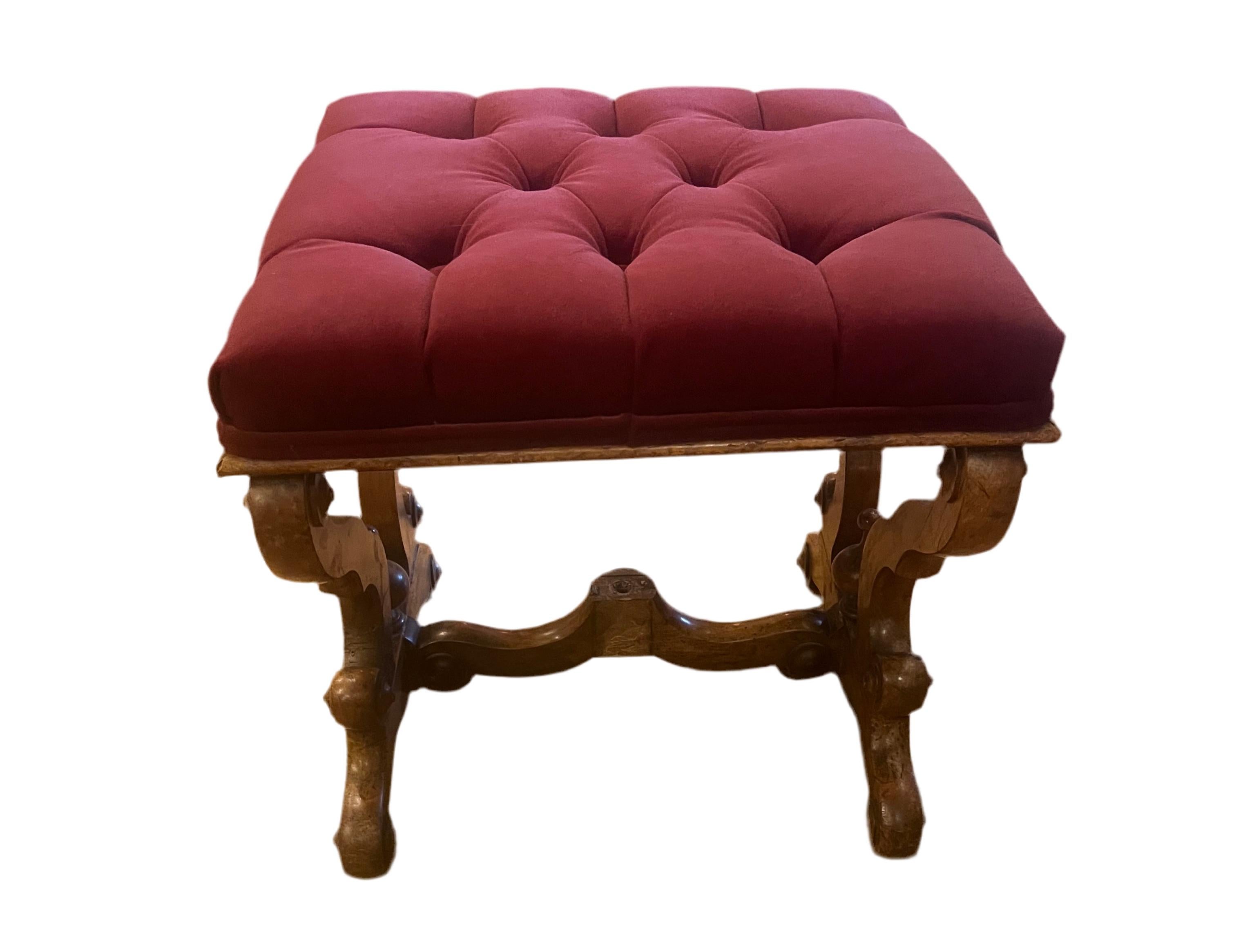 Wood Antique Carved Ornate Tufted Ottoman Newly Upholstered Reupholstered in Velvet For Sale