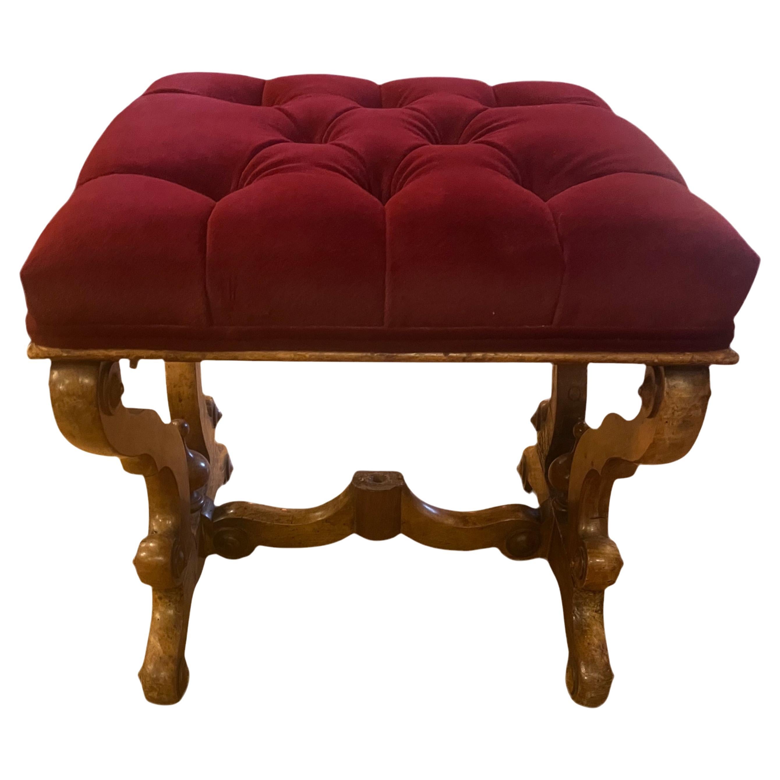 Antique Carved Ornate Tufted Ottoman Newly Upholstered Reupholstered in Velvet For Sale