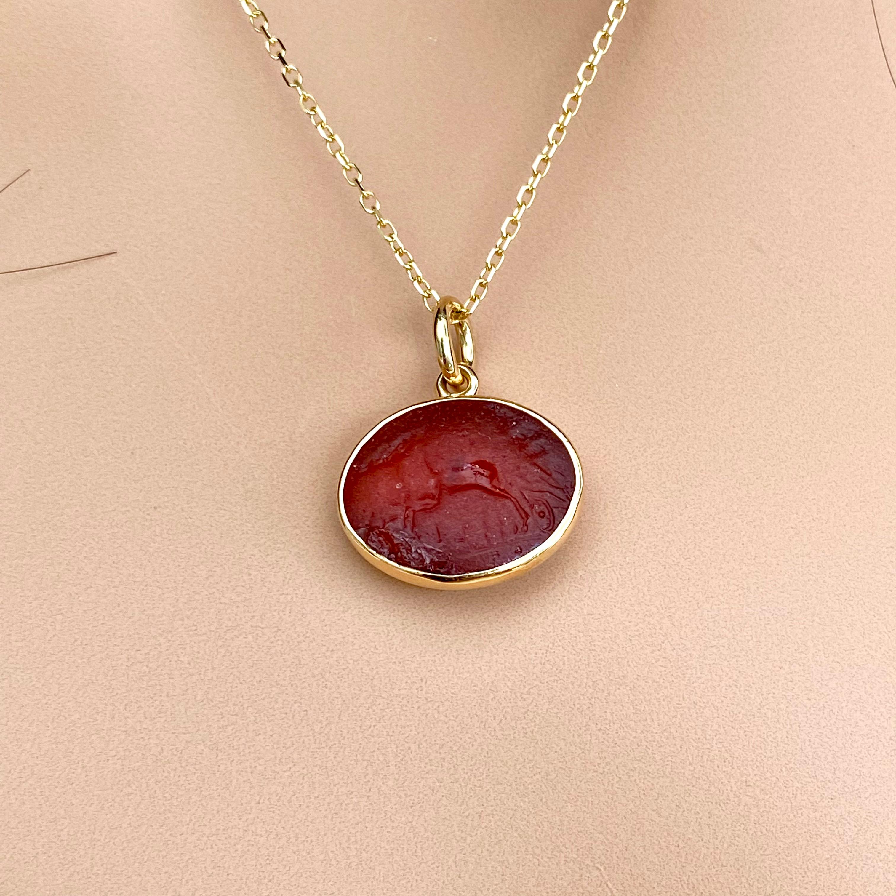 Women's or Men's Antique Carved Oval Carnelian Intaglio Depicting a Deer Yellow Gold Pendant