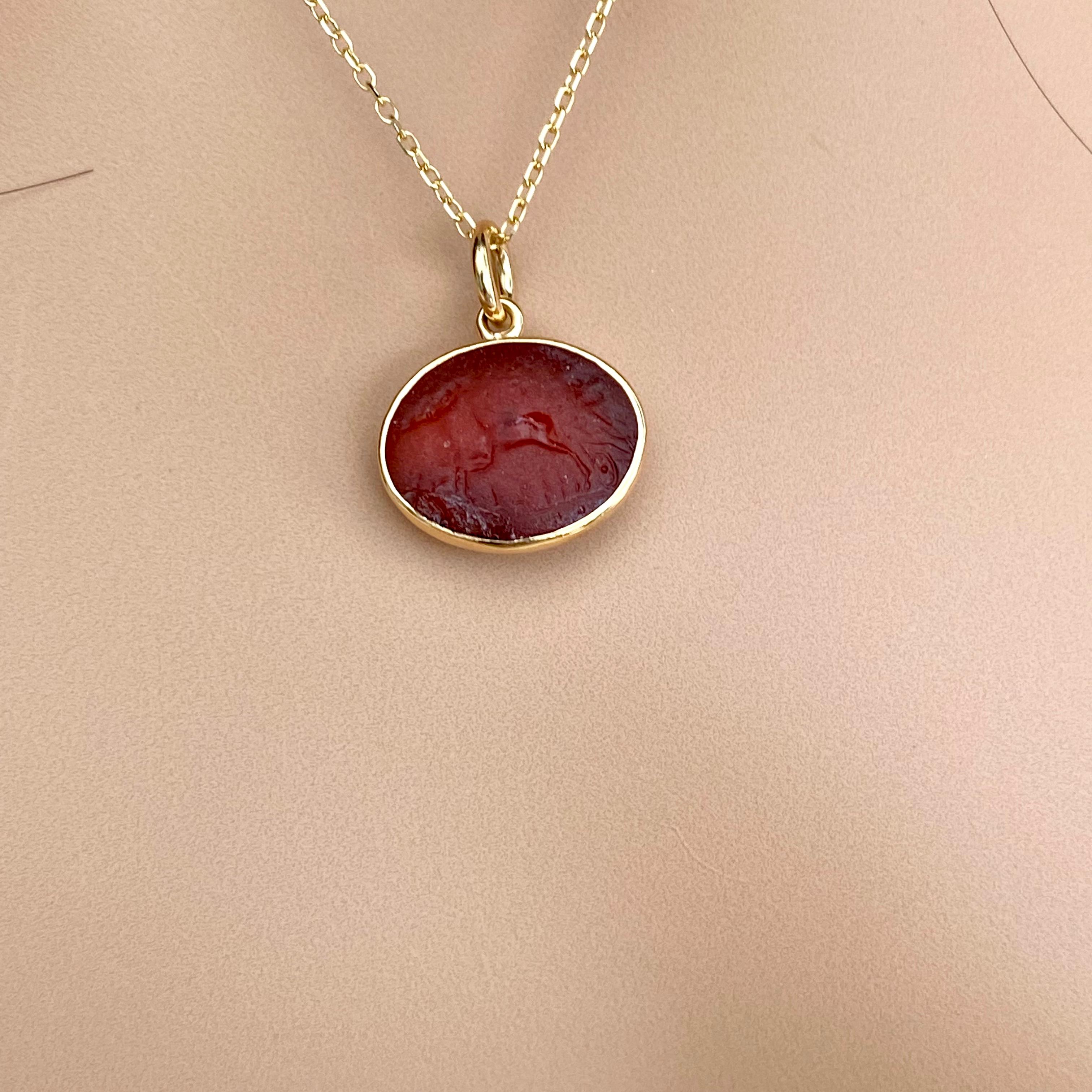 Antique Carved Oval Carnelian Intaglio Depicting a Deer Yellow Gold Pendant 2