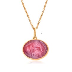 Antique Carved Oval Carnelian Intaglio Depicting a Deer Yellow Gold Pendant