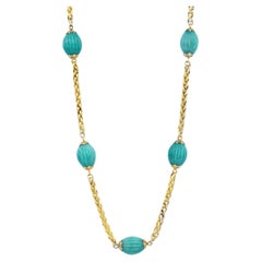 Antique Carved Oval Turquoise Necklace in Yellow Gold