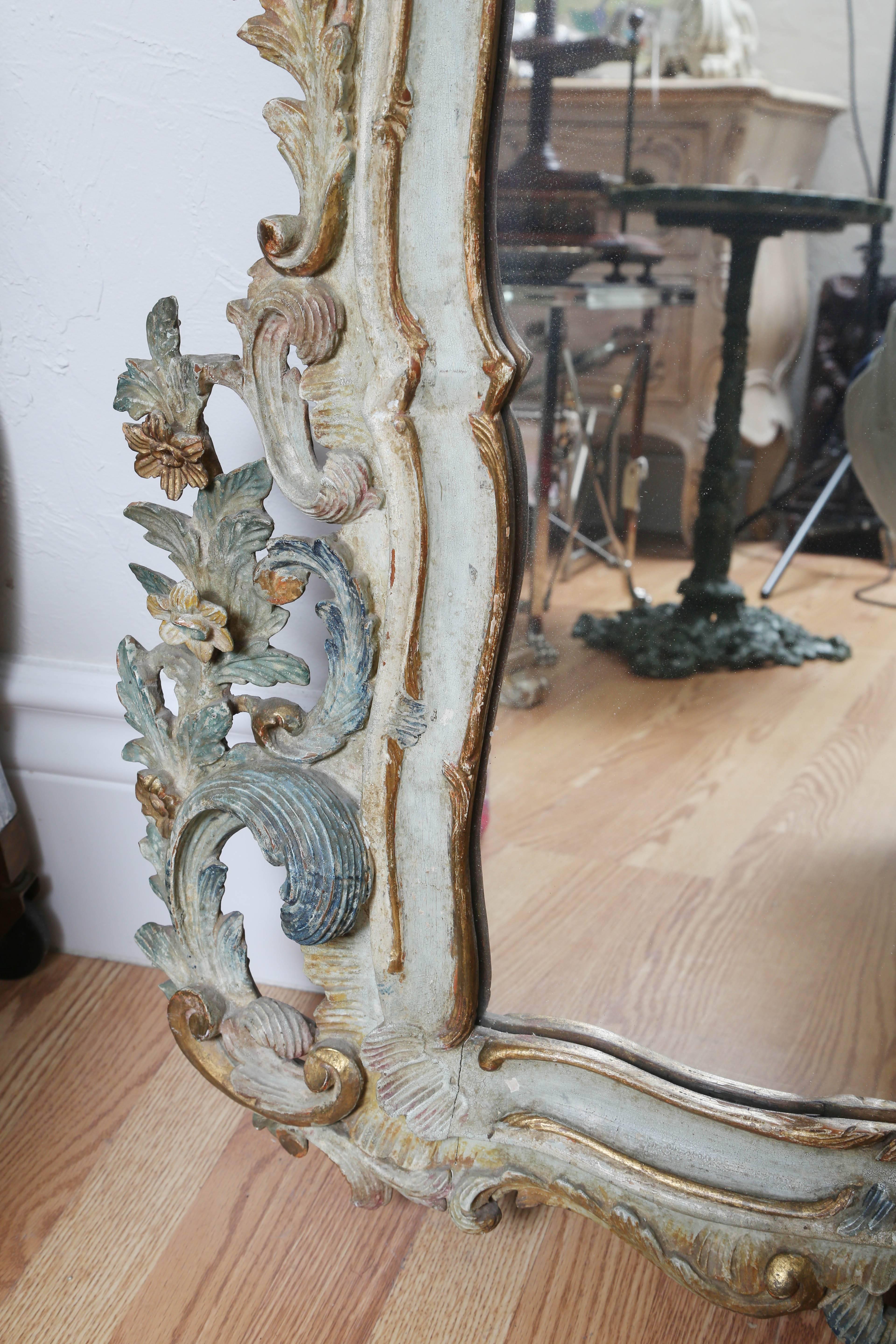 Antique Carved, Painted and Gilded Mirror In Good Condition In West Palm Beach, FL