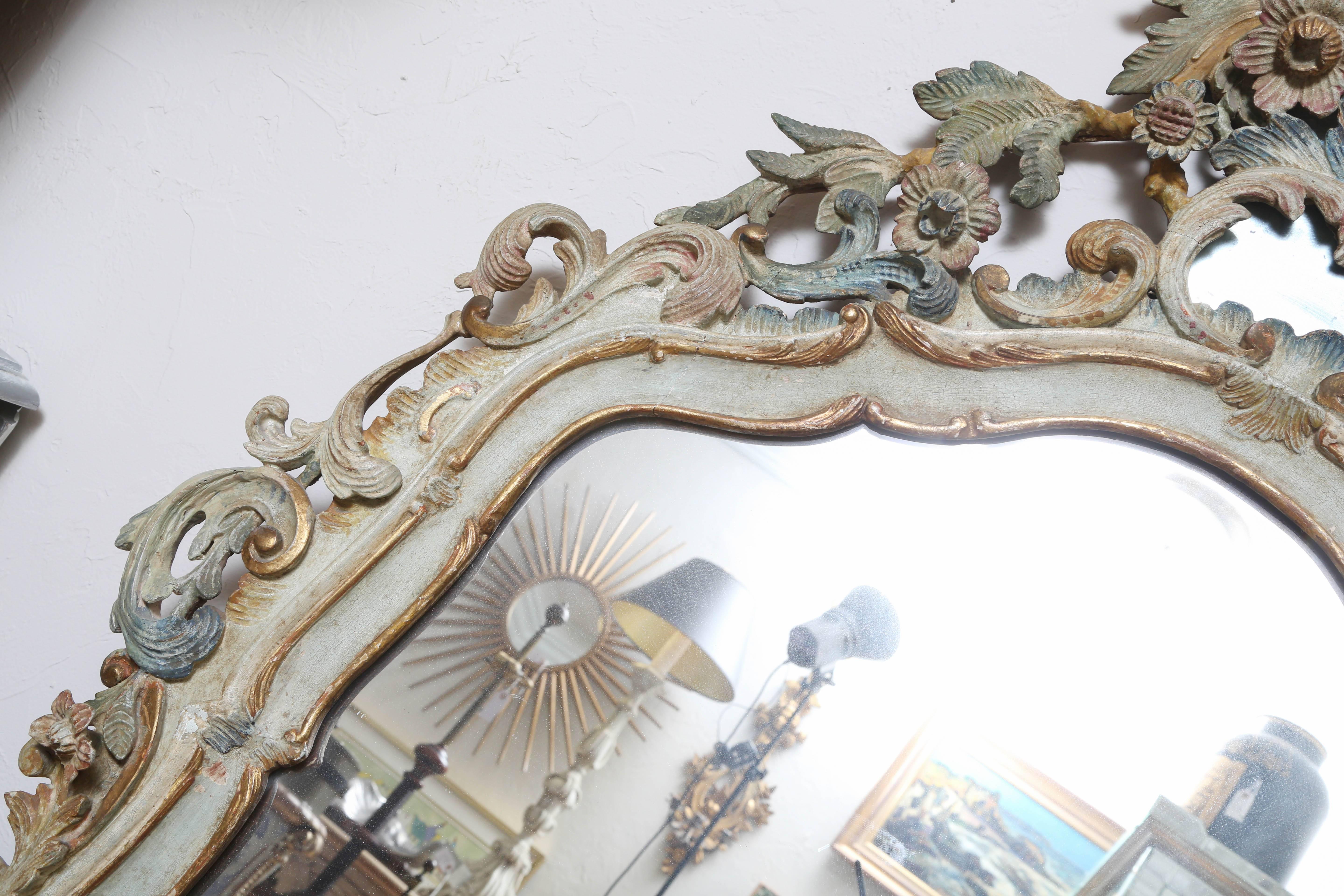 19th Century Antique Carved, Painted and Gilded Mirror