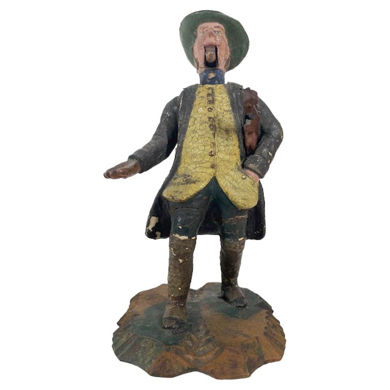 Antique Carved & Painted Troubadour or Minstrel, Nodder Figure with a Violin For Sale