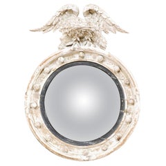 Antique Carved & Painted Wood, Round-Shaped Mirror with Eagle Adorning Crest