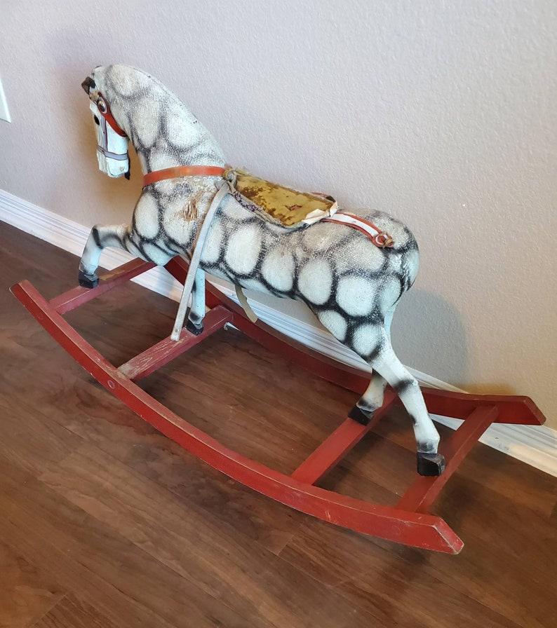 Antique Carved Painted Wooden Childs Rocking Horse In Good Condition For Sale In Forney, TX