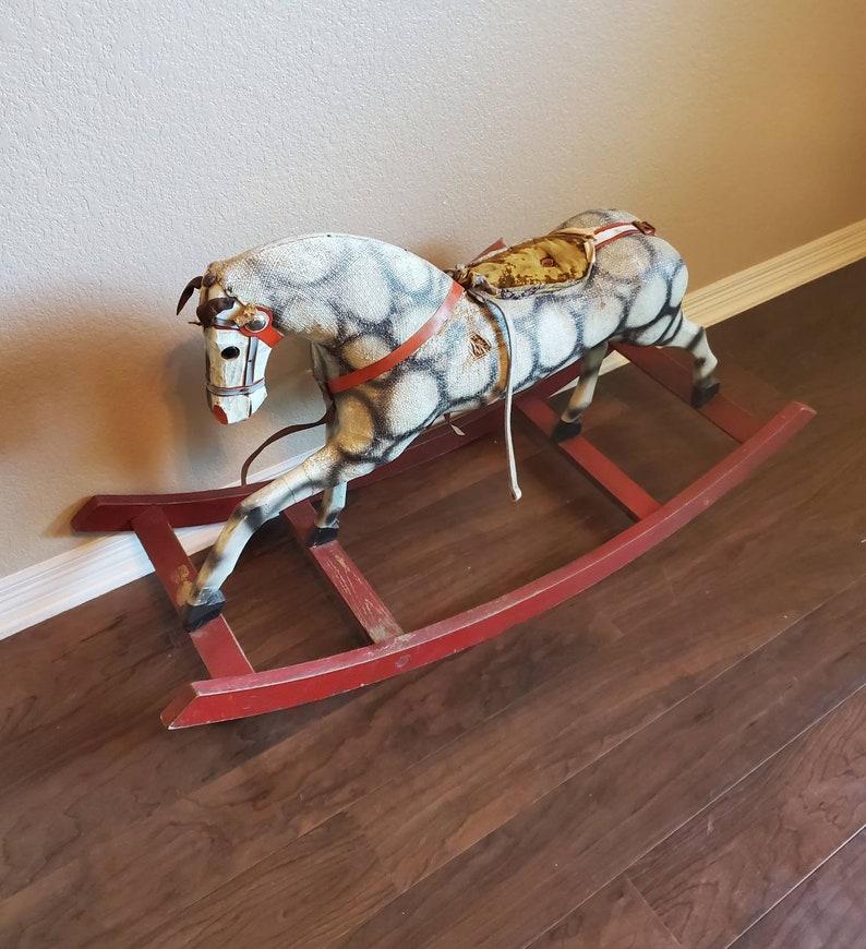 Antique Carved Painted Wooden Childs Rocking Horse In Good Condition For Sale In Forney, TX
