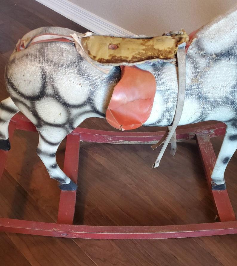 Fabric Antique Carved Painted Wooden Childs Rocking Horse For Sale