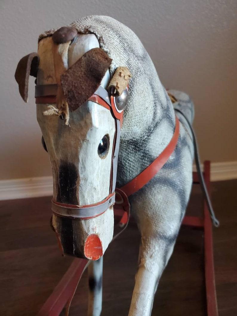 Antique Carved Painted Wooden Childs Rocking Horse For Sale 1
