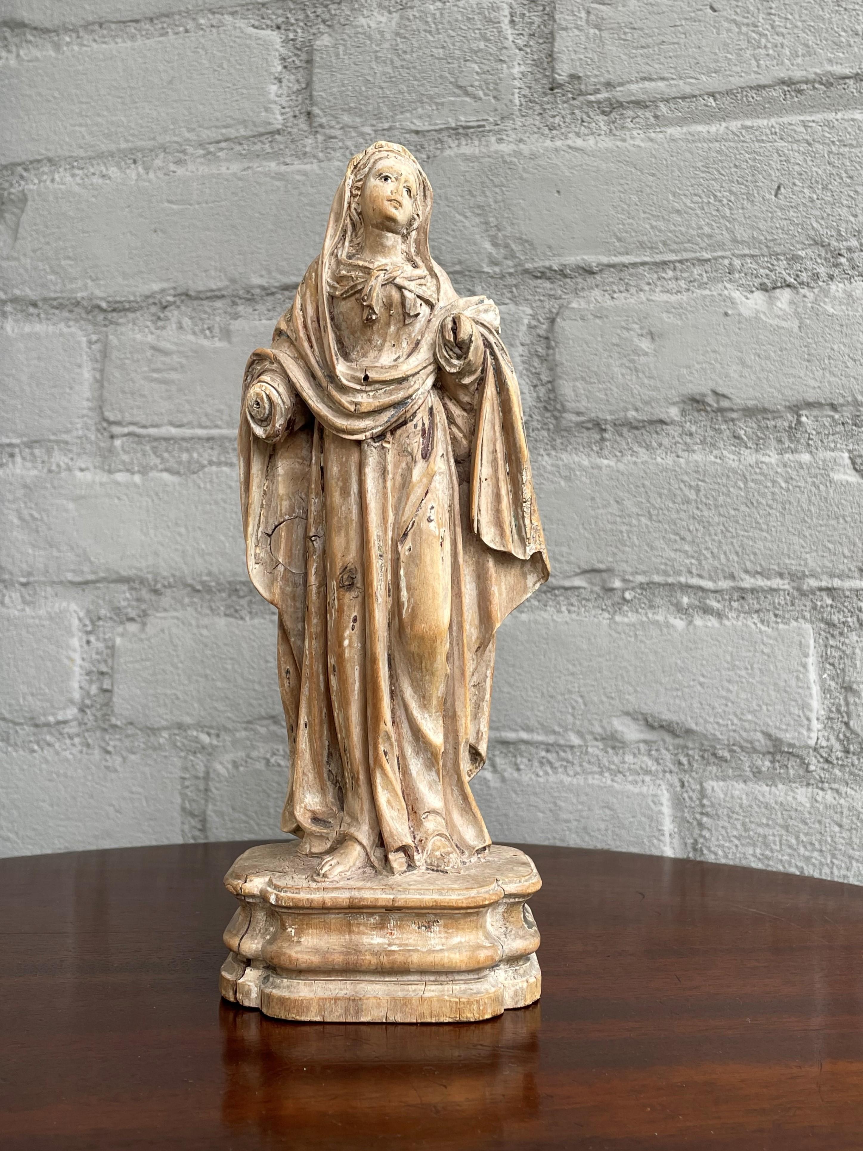 Renaissance Revival Antique Carved Palmwood Mary Magdalene Sculpture w. Porcelain Eyes 1680 - 1720
