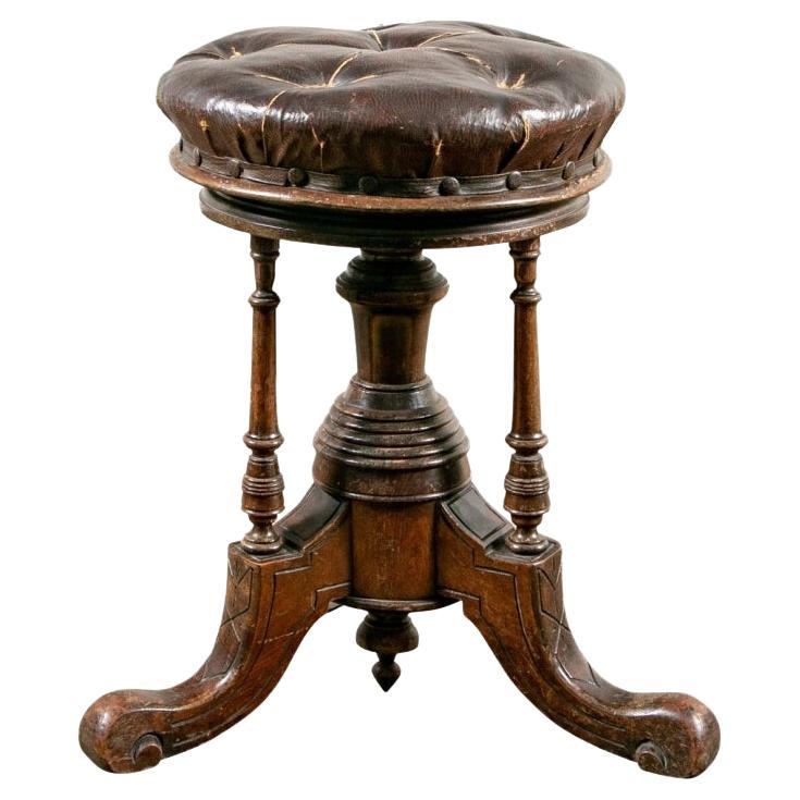Antique Carved Piano Stool With Leather Seat For Sale