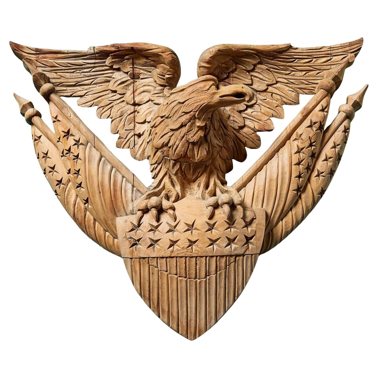 Antique Carved Pine American Eagle with Shield