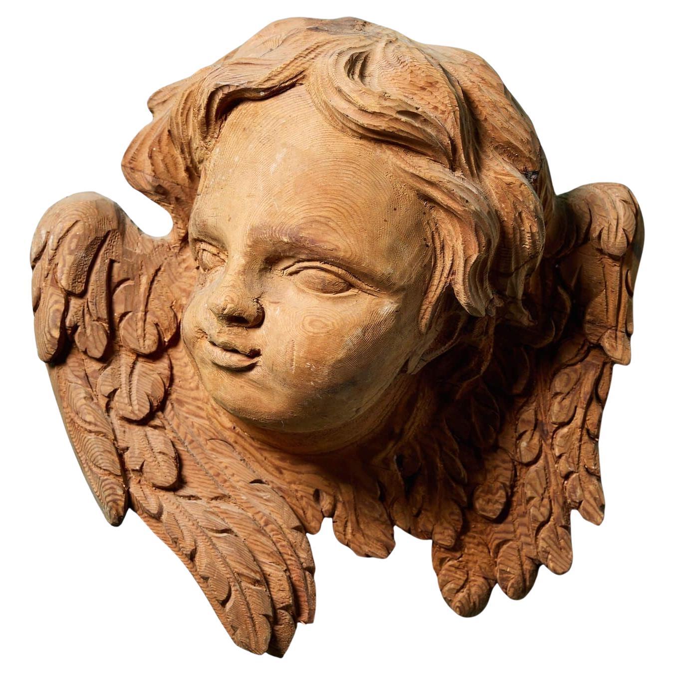 Antique Carved Pine Cherub Wall Hanging