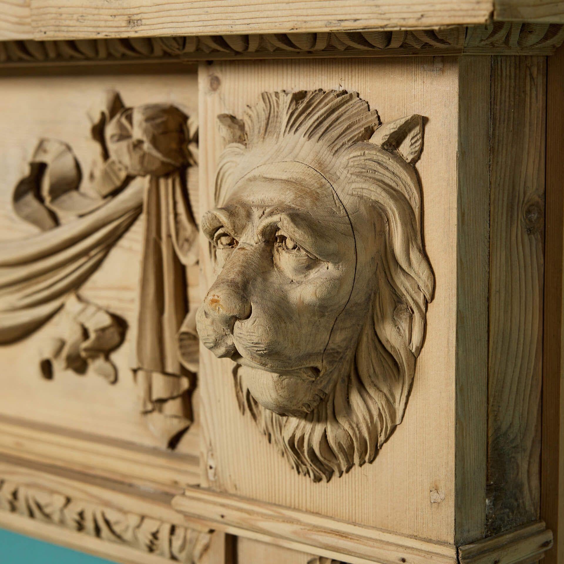 English Antique Carved Pine Fire Mantel in the Style of William Kent For Sale