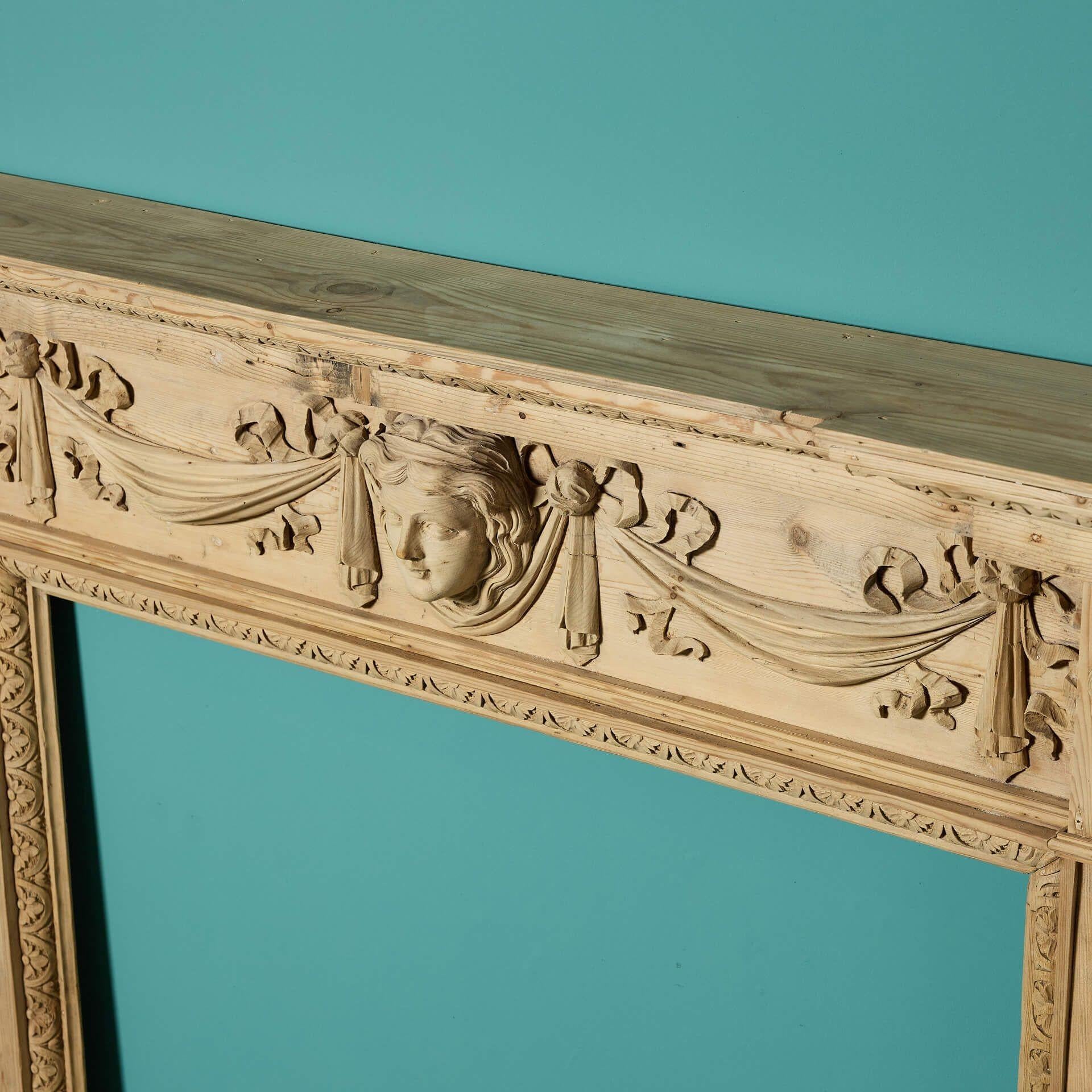 Hand-Carved Antique Carved Pine Fire Mantel in the Style of William Kent For Sale