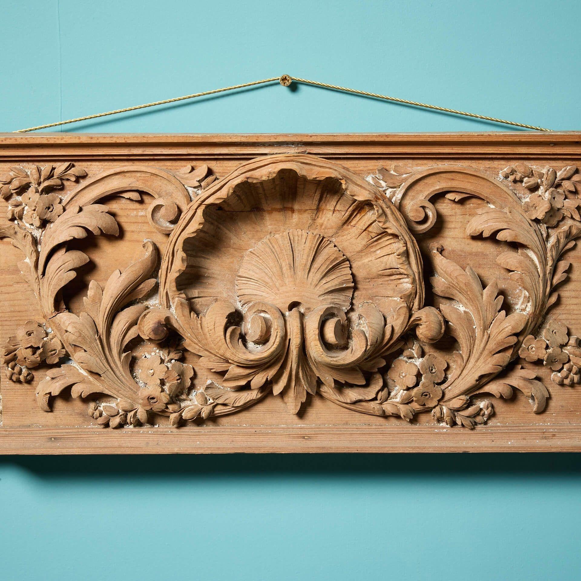 English Antique Carved Pine Frieze Wall Panel with Scallop Shell For Sale