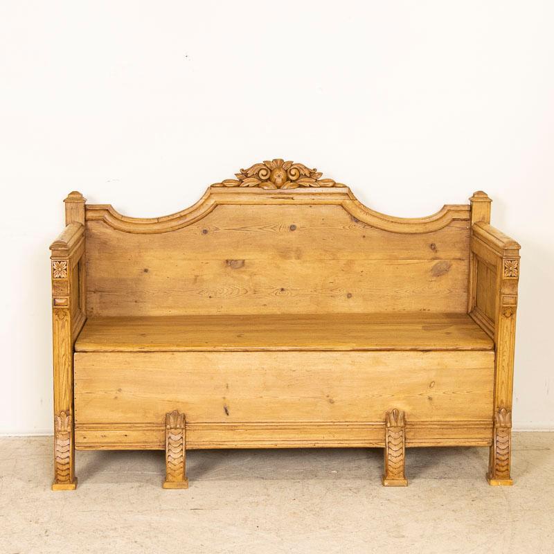 Swedish Antique Carved Pine Storage Bench from Sweden