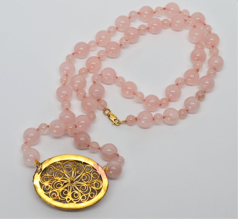 Antique Carved Pink Quartz Pendant Necklace at 1stDibs