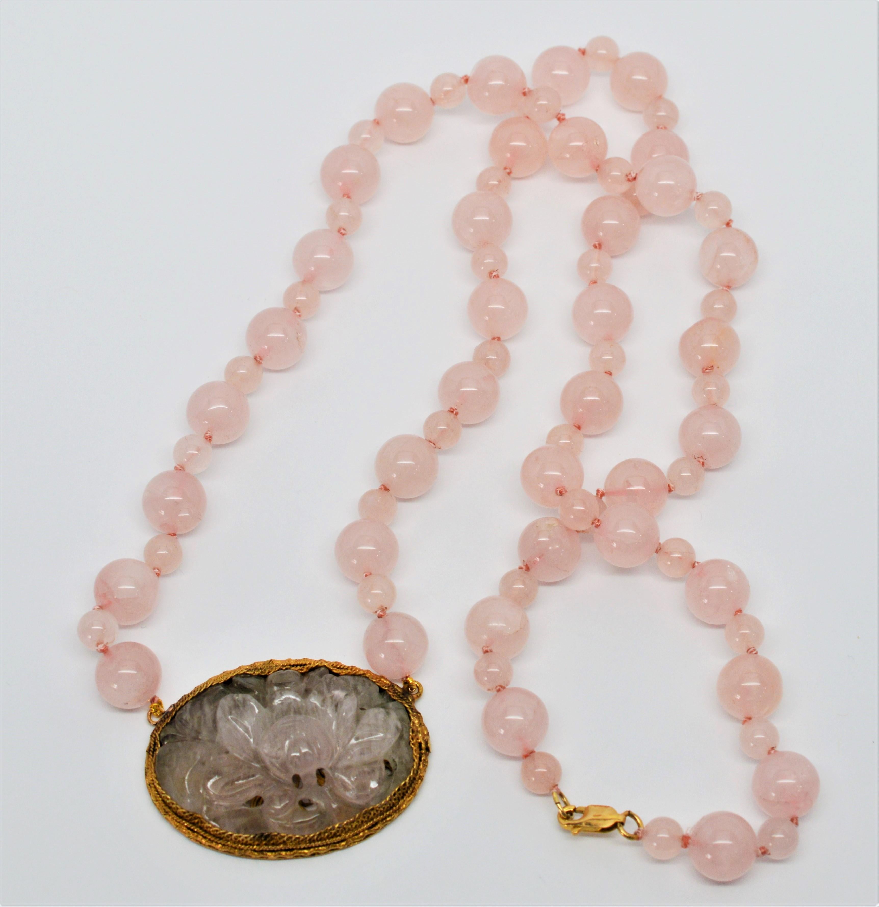 Antique Carved Pink Quartz Pendant Necklace In Good Condition In Mount Kisco, NY