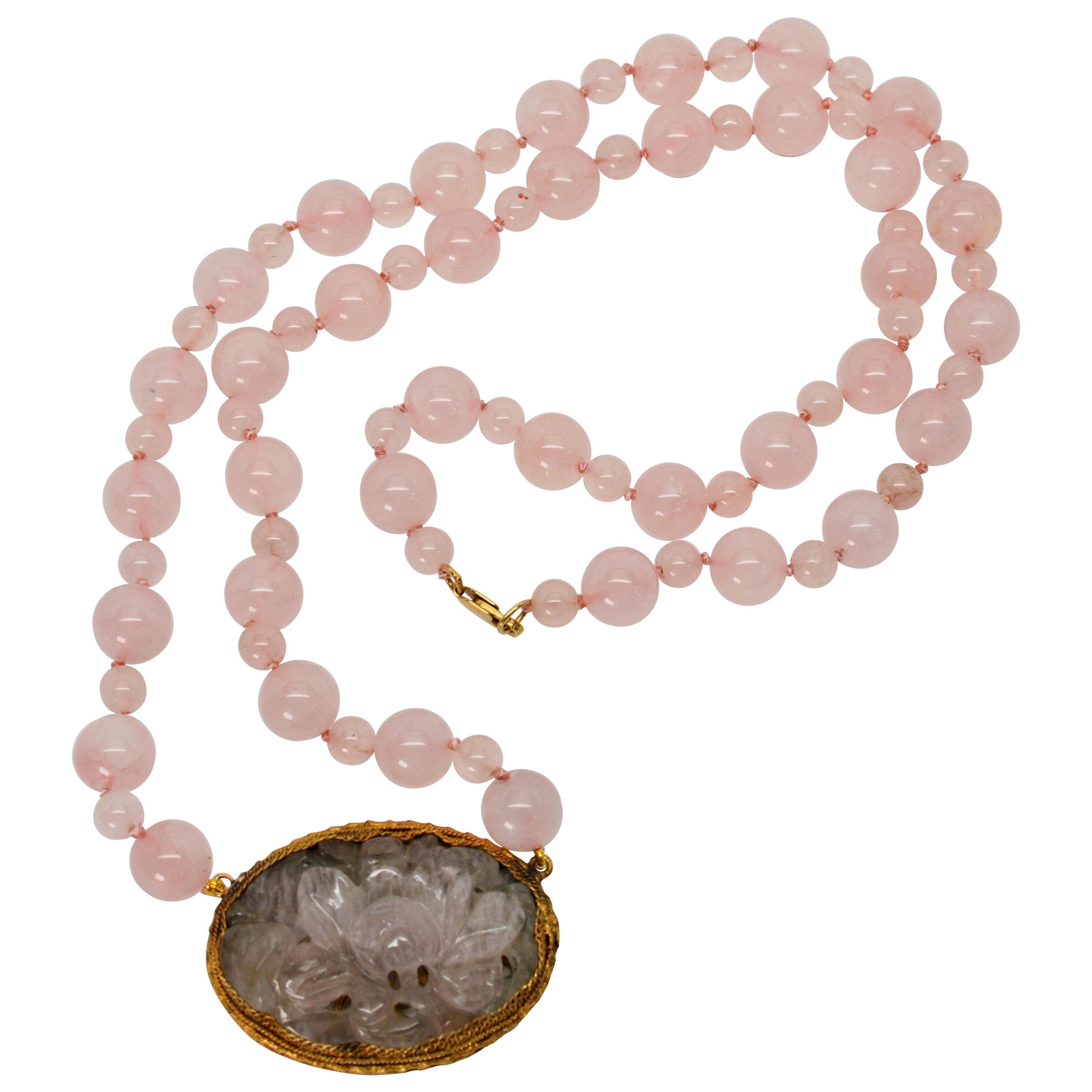 Antique Carved Pink Quartz Pendant Necklace