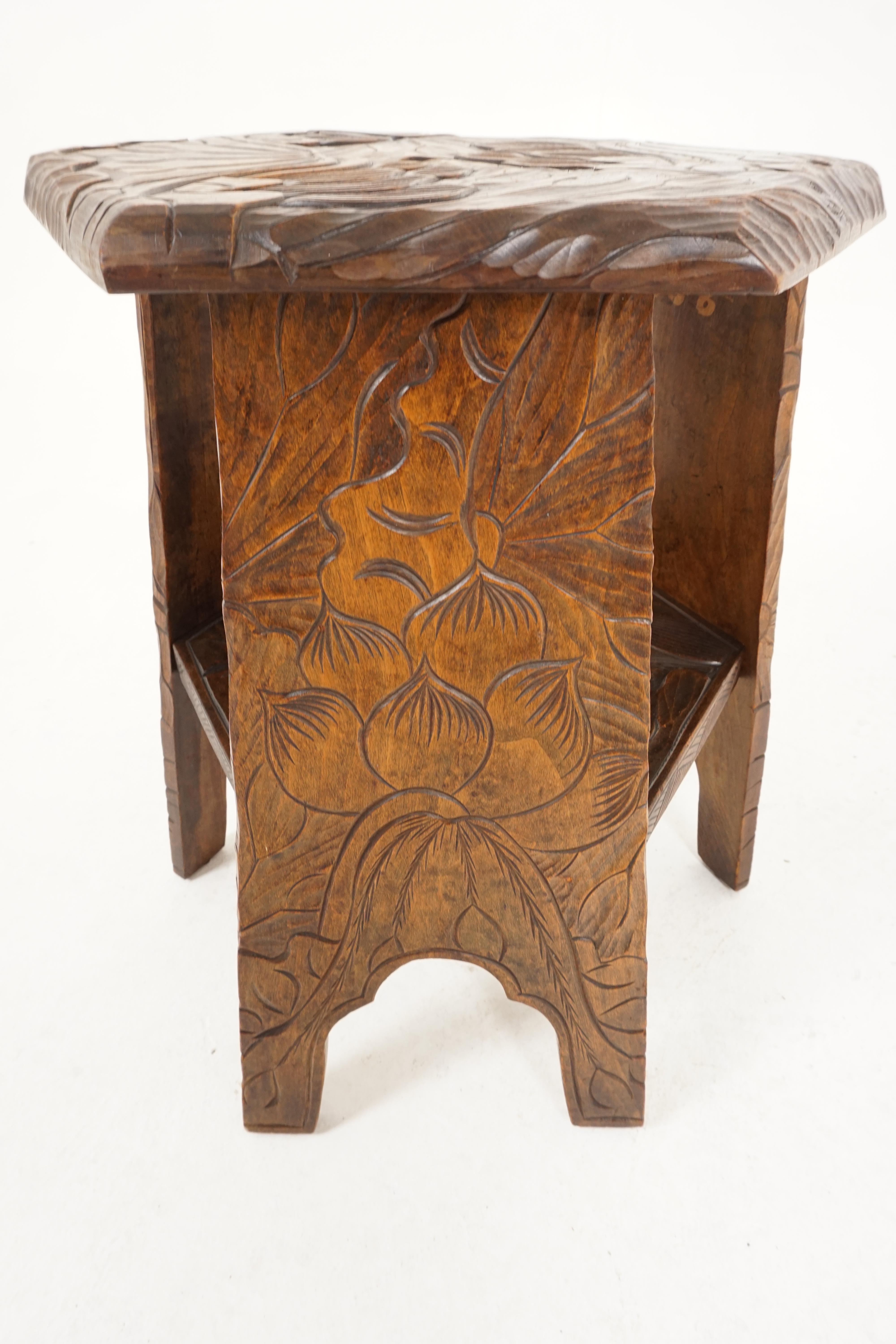 Antique carved octagonal plant stand, side table, Liberty's London, Japan 1905, B2207

Japan 1905
Solid walnut
Floral carved top
Four wide carved legs
Connected by a carved shelf below
All joints are tight
Lovely quality and in good