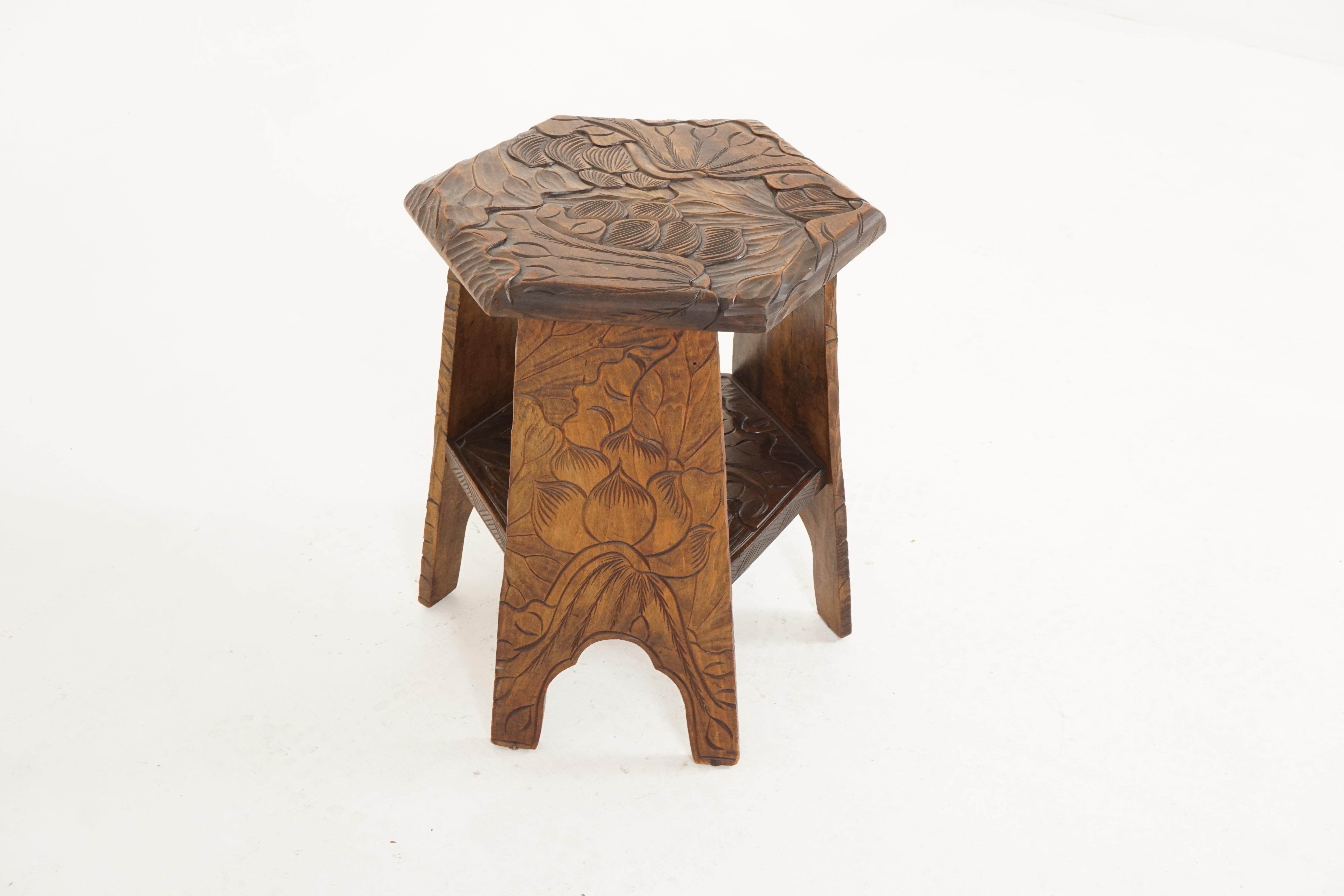 Walnut Antique Carved Plant Stand, Side Table, Liberty's London, Japan, 1905