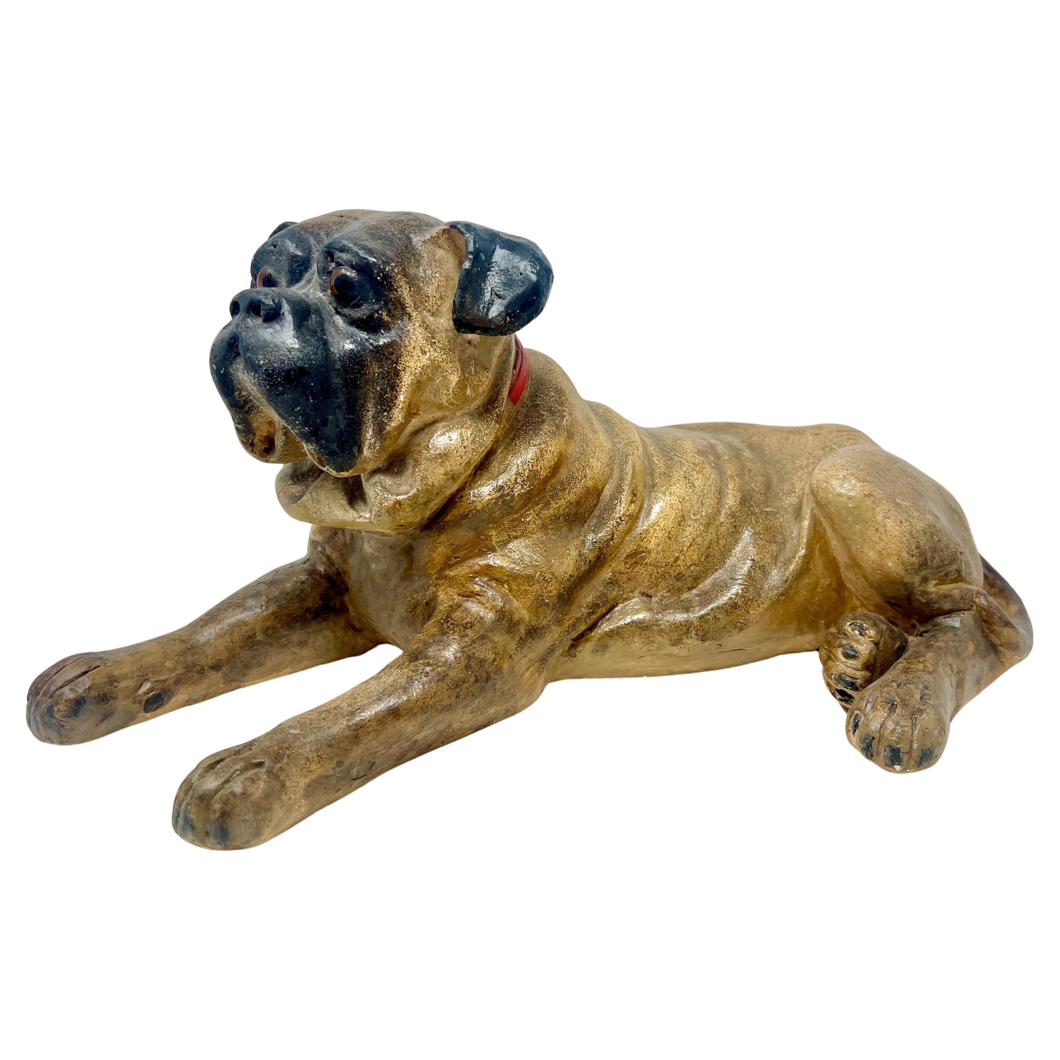 Antique Carved Plaster Dog with Glass Eyes, Circa 1910.
