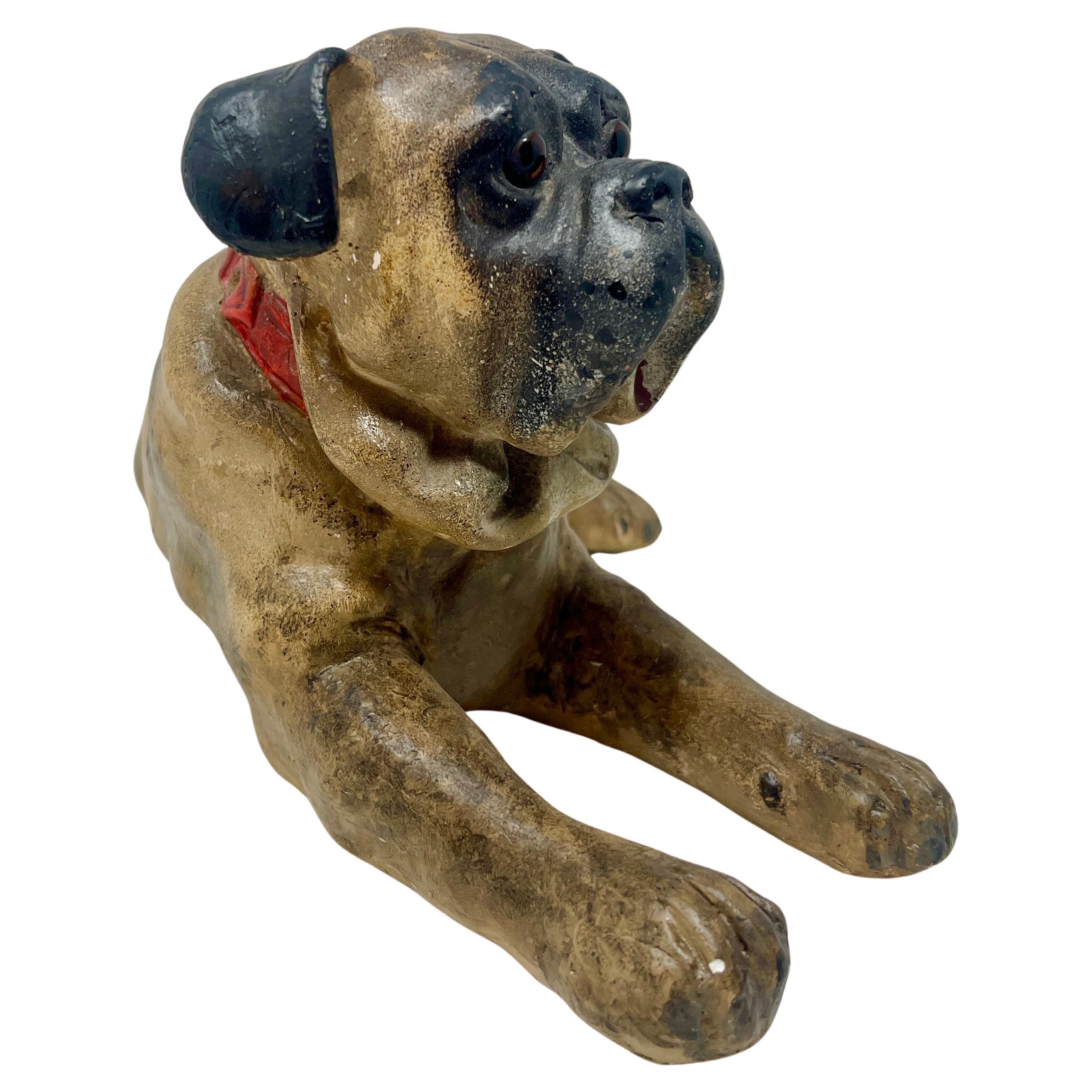 Antique Carved Plaster Dog with Glass Eyes, Circa 1910. In Good Condition For Sale In New Orleans, LA