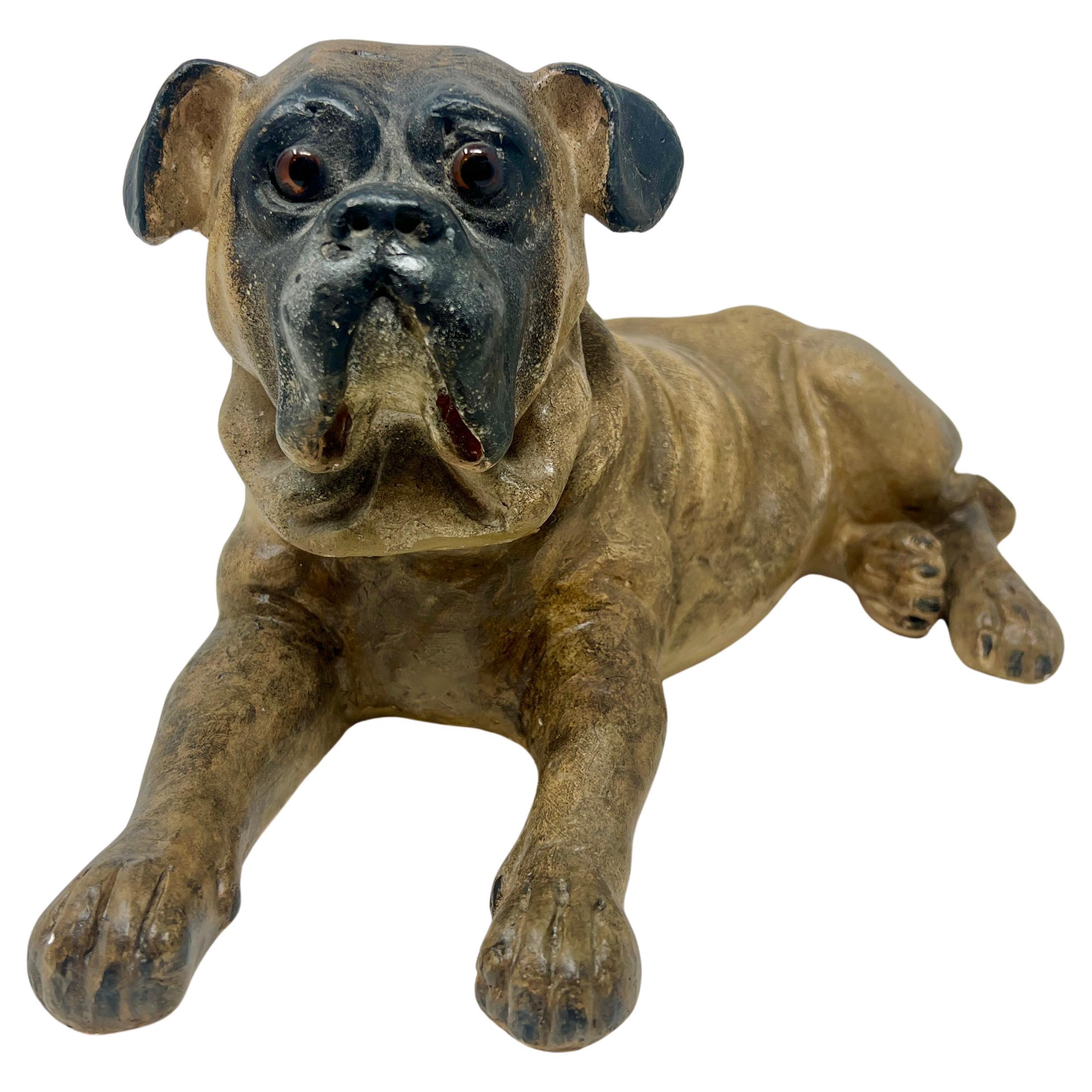 Antique Carved Plaster Dog with Glass Eyes, Circa 1910. For Sale